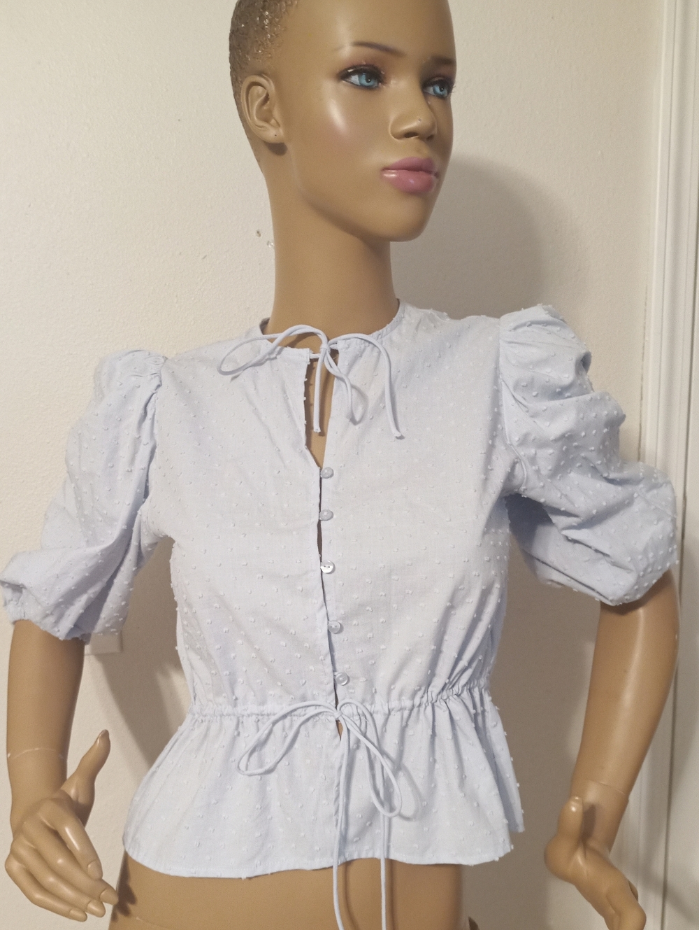 Divided By H&M Light Blue Dot Swiss Dot Tie-Front Peplum Blouse